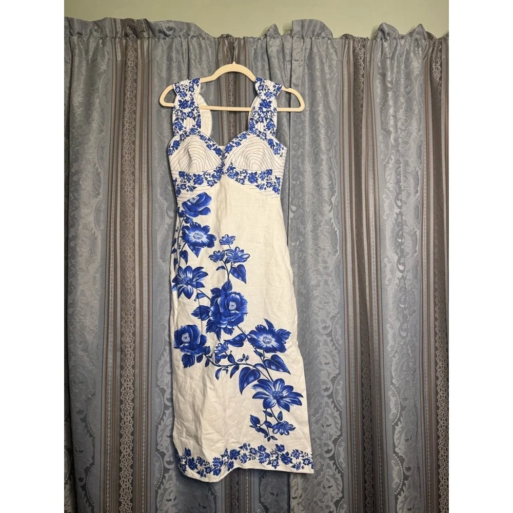 FARM Rio Off-White Floral Cascade Wavy Euroflax Premium Linen Midi Dress - Picture 7 of 10